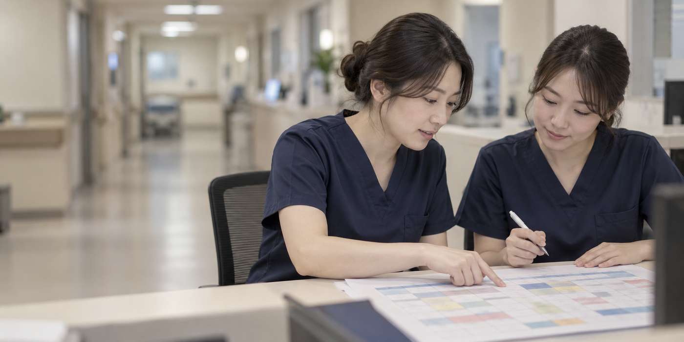 두 간호사가 함께 근무표를 계획하는 장면
